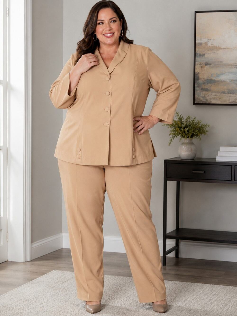 Roaman's Women's 42W Petite 2 Piece Pant Suit Blazer Pants Tan Plus Size